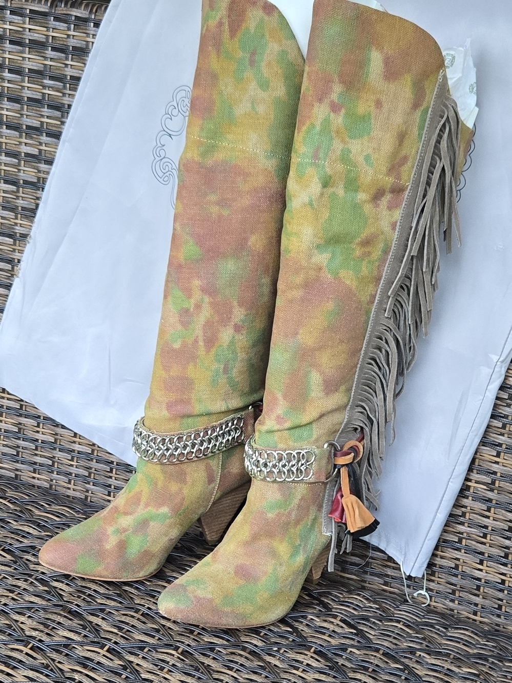 Zigi Soho Over-the-Knee Fringe Boots in Green and Tan Camo